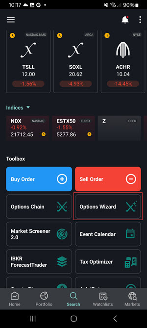 The options wizard button on the Android Phone